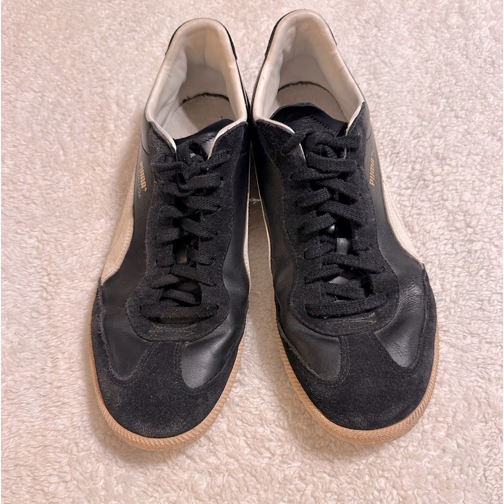 Used retro puma super Liga US size 12 EU 11 black suede black leather shoes